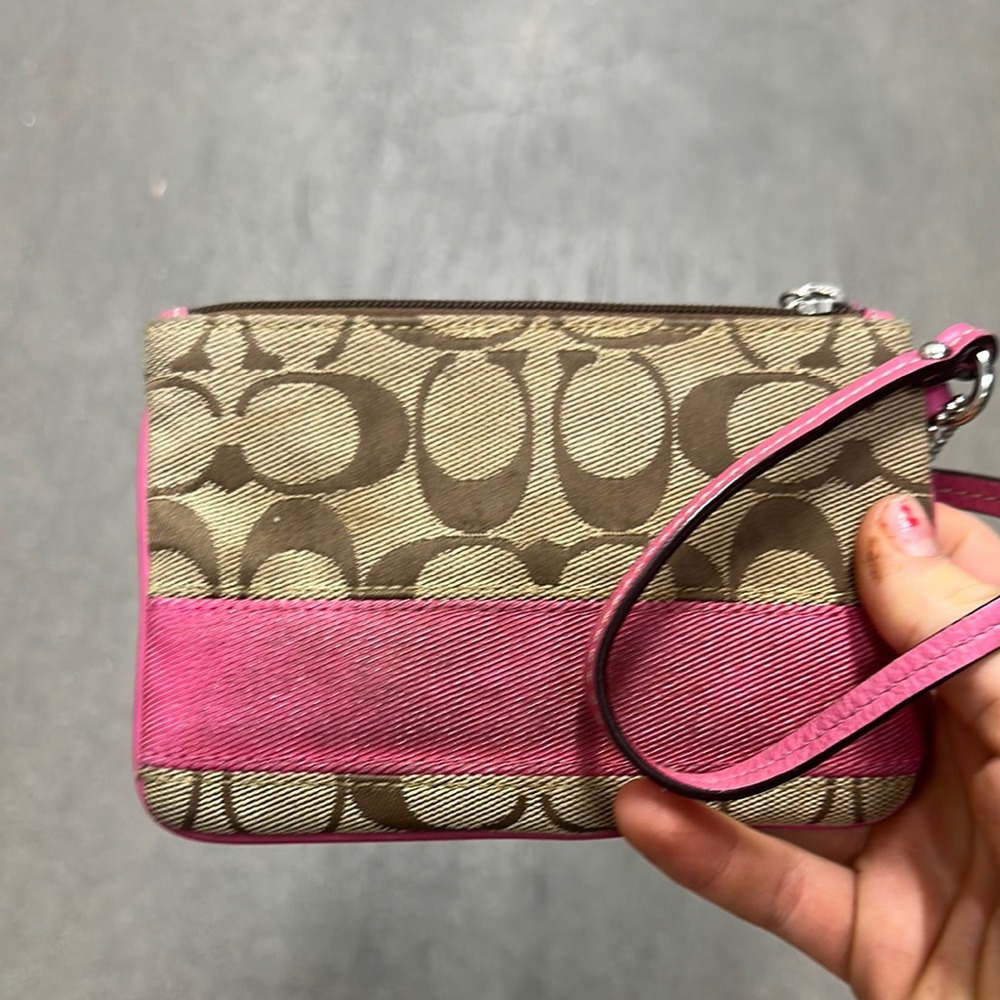 Coach Signature Wristlet in Pink and Brown